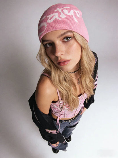 Unisex Letter Print Knit Beanie Soft Stretchy Warm Skull Cap