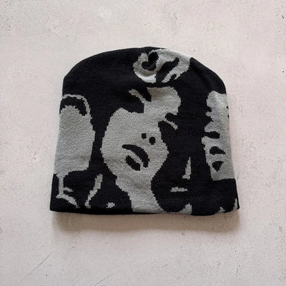 Face Pattern Intarsia Beanie Hats, Winter Casual Windproof Elastic Skull Cap