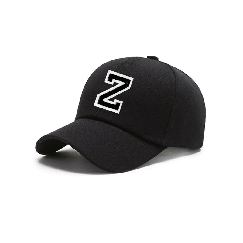 Black Unisex 26 A-Z Letter Baseball Cap, Adjustable Casual Breathable Sunscreen Cap