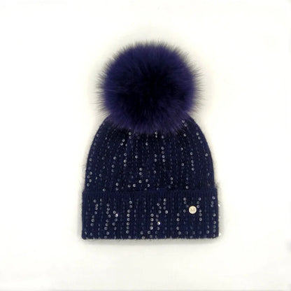 Winter Real Fox Fur Pompom Hats Sequin Skullies Beanie For Women Wool Knitted Hats