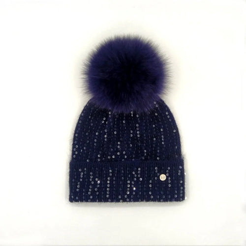 Winter Real Fox Fur Pompom Hats Sequin Skullies Beanie For Women Wool Knitted Hats