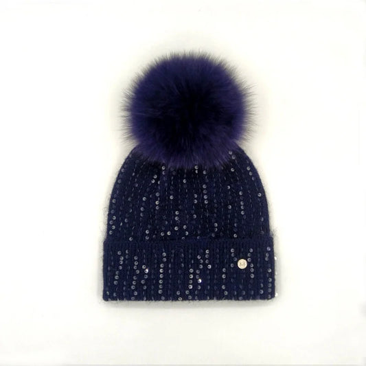 Winter Real Fox Fur Pompom Hats Sequin Skullies Beanie For Women Wool Knitted Hats