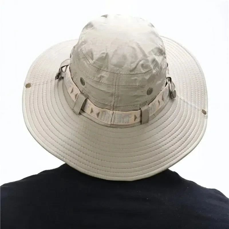 Summer Men's Wide Brim Bucket Hat UV Protection Panama Style Mesh Fisherman Beach Sun Hat