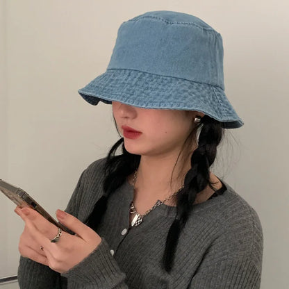 Washed Denim Bucket Hat Girls Lady Panama Sun Hat Bob Caps