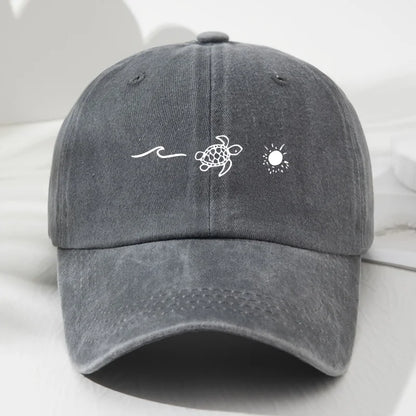 Wave Turtle Sun Printed Baseball Cap, Retro Style For Men And Women