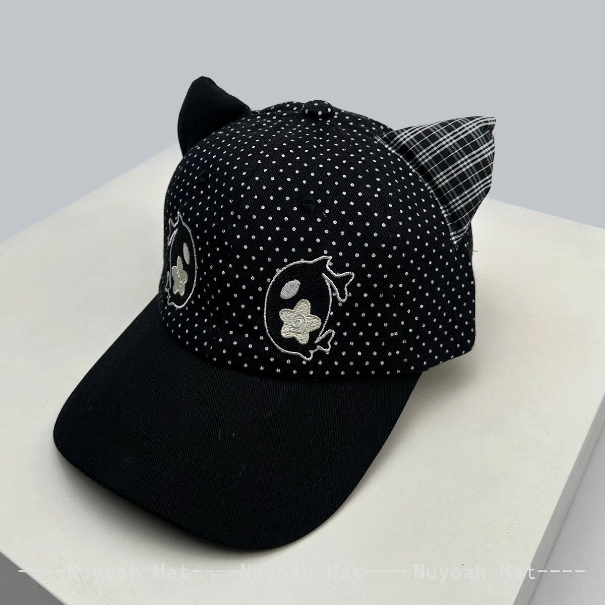 Korean Style Women Cartoon Cat Bear Ears Baseball Cap Plaid Sunshade Wing Versatile Penguin Peaked Cap