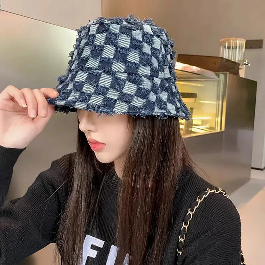 New Korean Style Denim Blue Plaid Bucket Hat