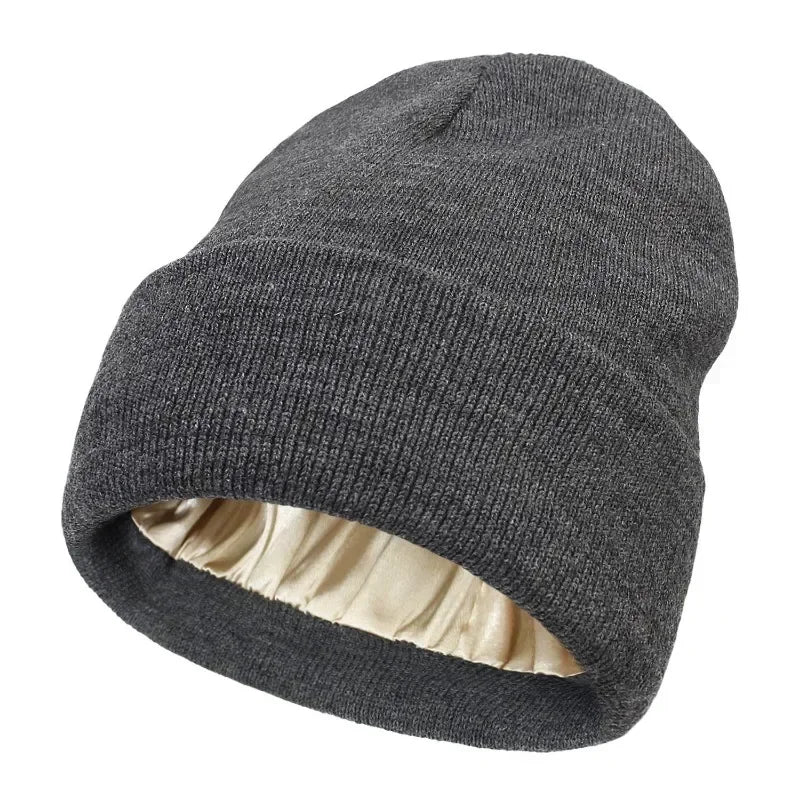 New Unisex Winter Hat Silk Satin Lined Beanies Men And Women Two-Sided