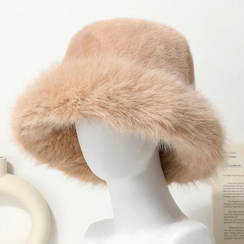 Bright Yellow Imitation Mink Fur Bucket Hat Women's Panama Style Korean New