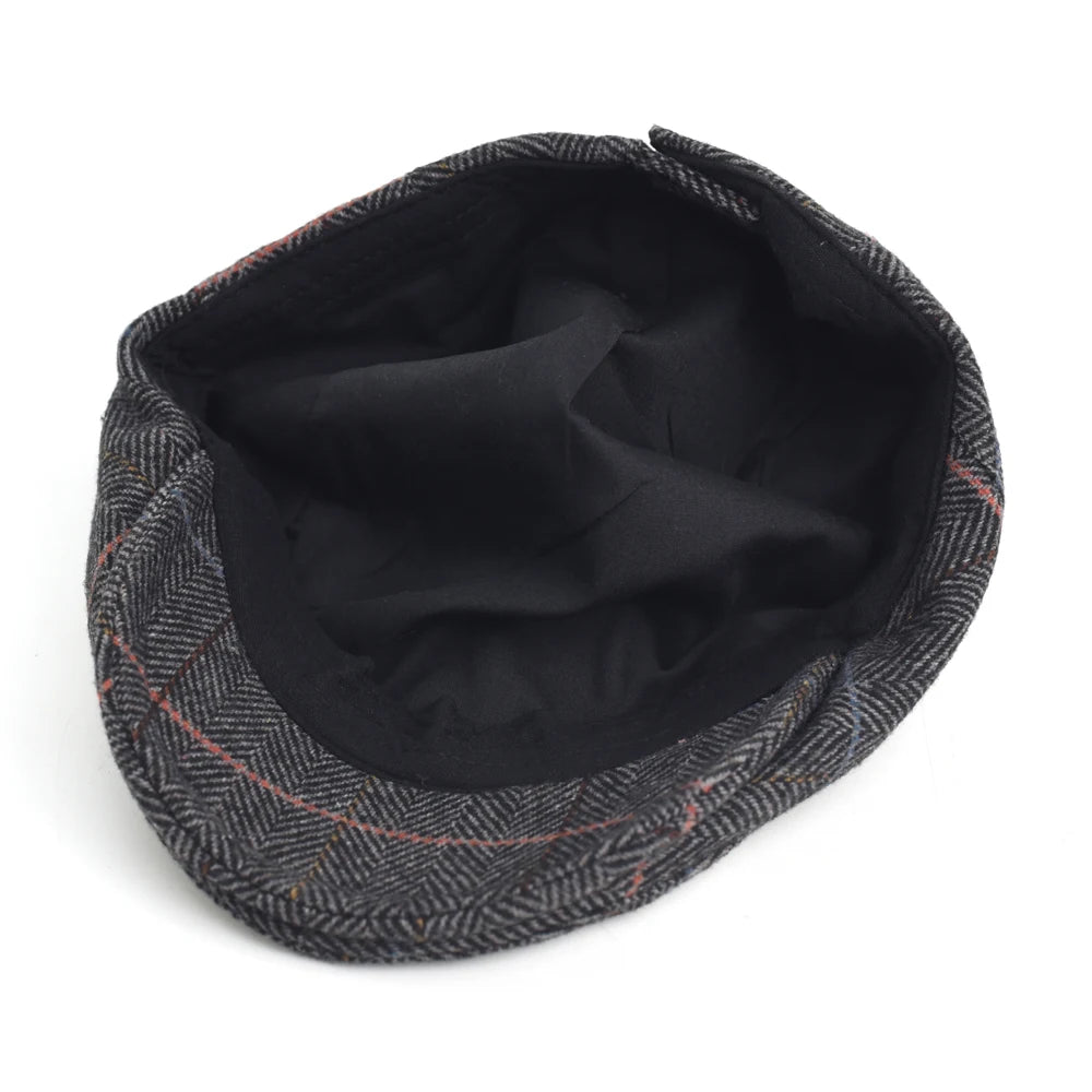 Newsboy Cap Men Winter Thick Warm Vintage Herringbone Casual Stripe Berets Flat Hat