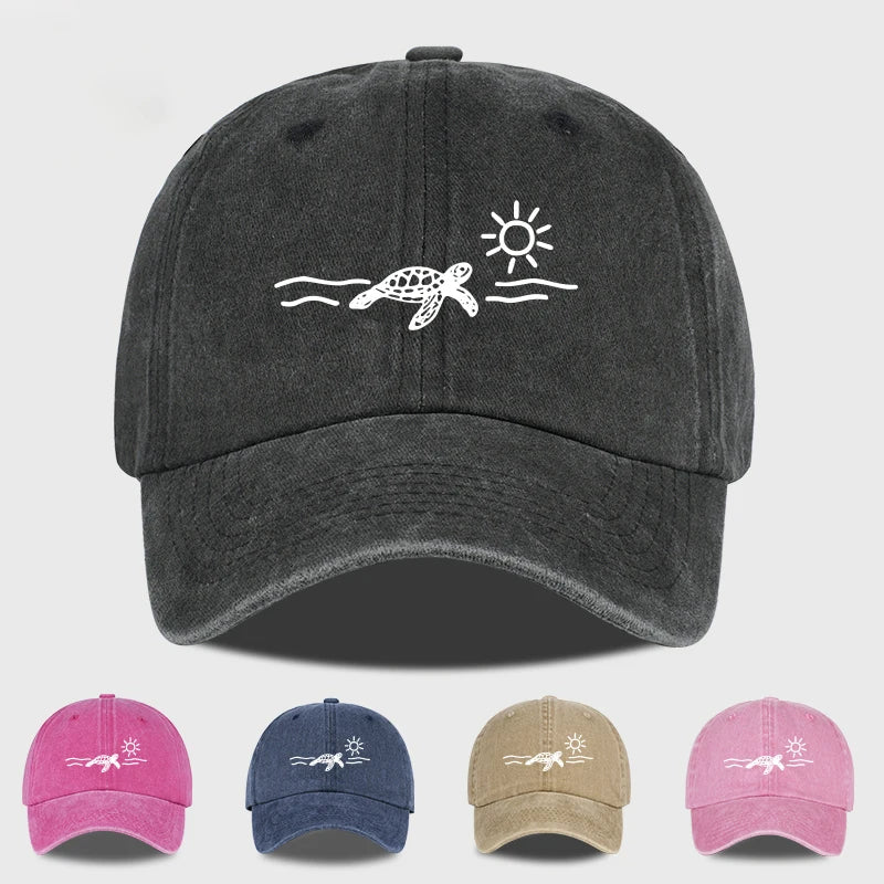 Vintage Washed Baseball Cap with Turtle, Sun, and Wave Print