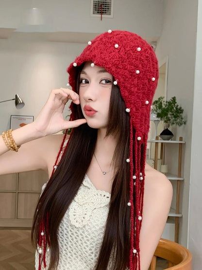Autumn/Winter New Ethnic Style Hollow Pearl Pendant Baotou Hat