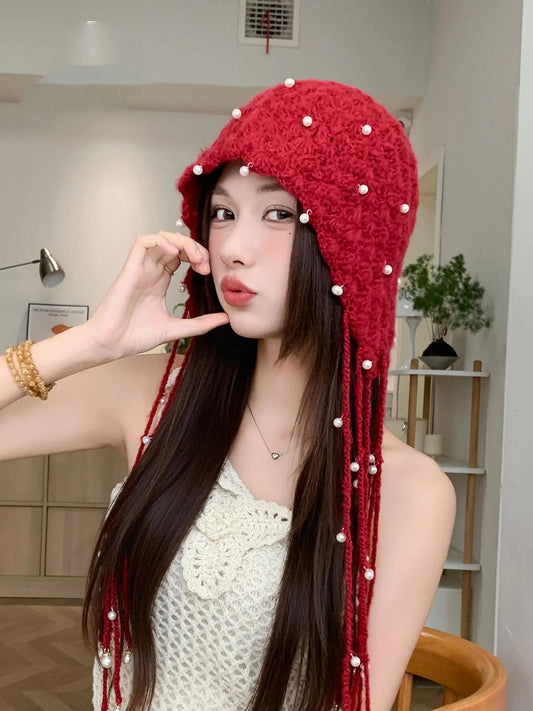 Autumn/Winter New Ethnic Style Hollow Pearl Pendant Baotou Hat