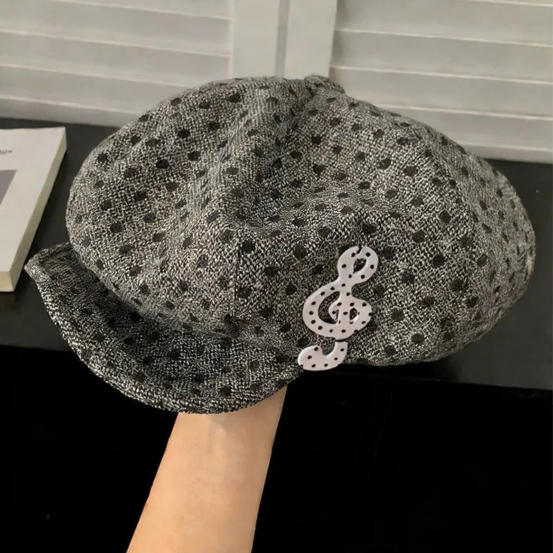 Music Symbol Design Polka Dot Hat Women's White Polka Dot Beret