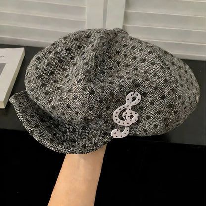 Music Symbol Design Polka Dot Hat Women's White Polka Dot Beret