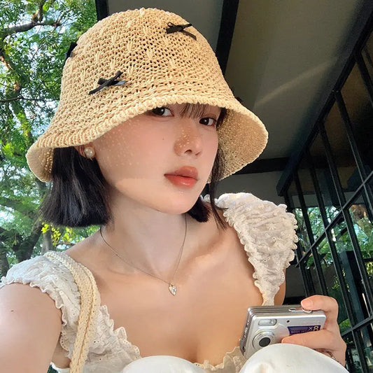 Korean Bowknot Straw Hat For Women Outdoor