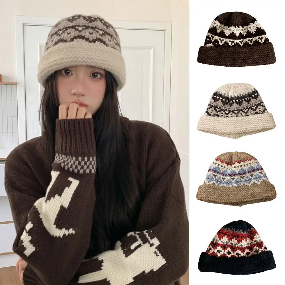 Fashion Jacquard Women Beanie Cap Warm Thermal Fisherman Hat Knitted Hat Women