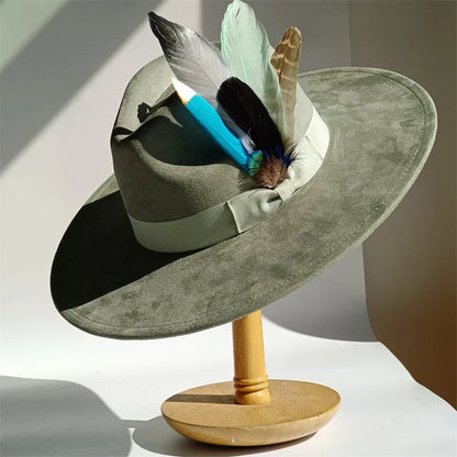 Yellow Bow Feather Suede Top Hat Wide Brim Fedora Hat
