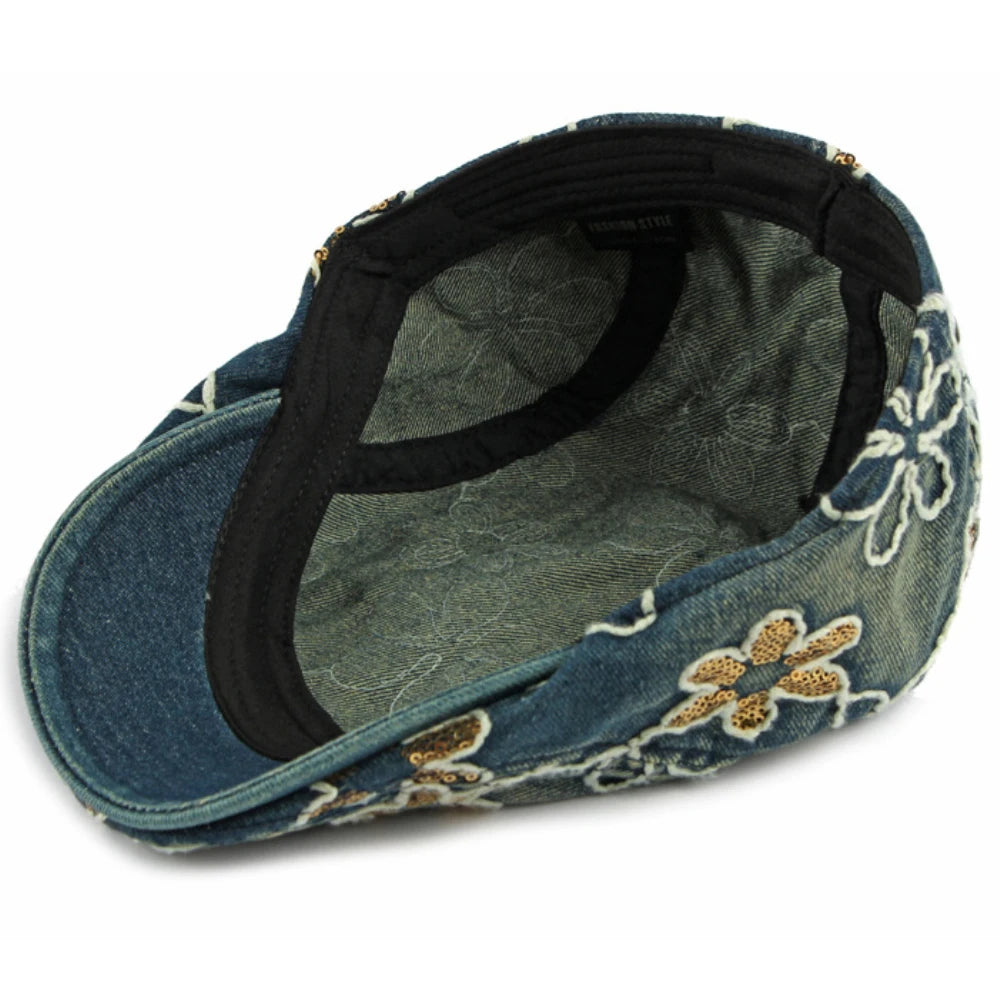 Male Female Cotton Ivy Flat Cap Stylish Sequin Flowers Denim Beret Cap