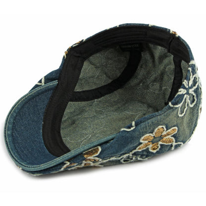 Male Female Cotton Ivy Flat Cap Stylish Sequin Flowers Denim Beret Cap
