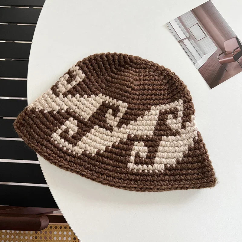 Korean Autumn Winter Retro Crochet Knitted Wool Bucket Hat Women