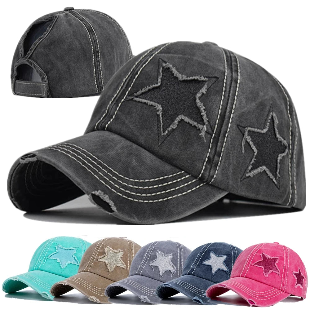 Fashion Women Ponytail Cap Sequins Fitve-Star Hole Design Baseball Cap Female