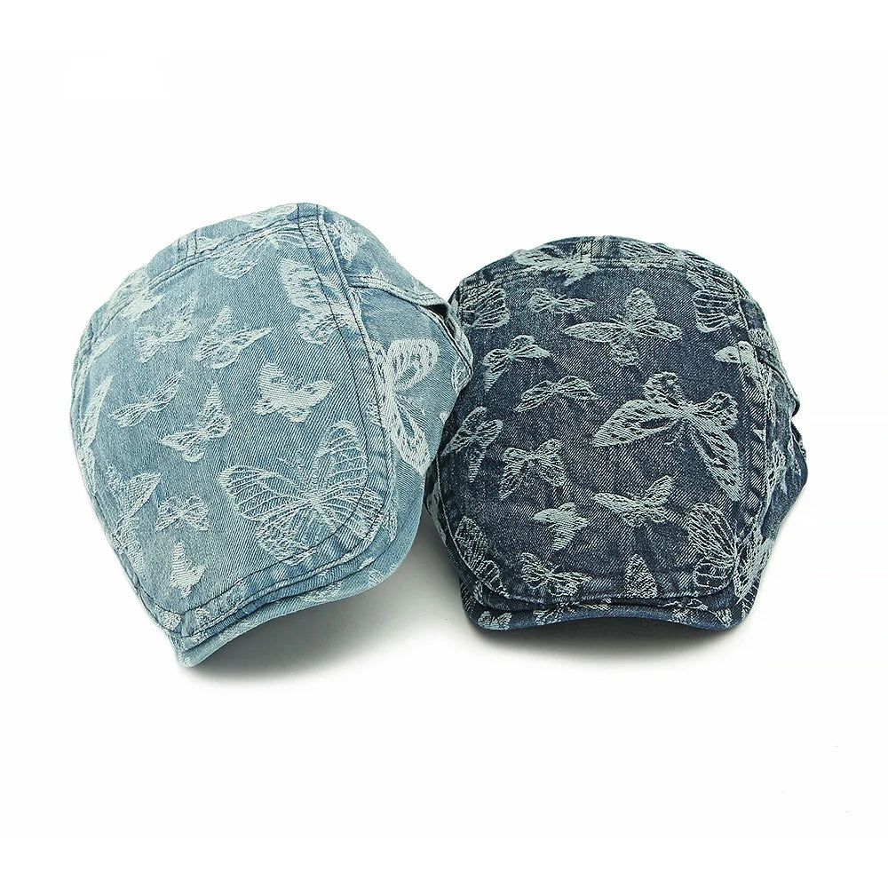 Fashion Washed Denim Beret Vintage Butterfly Cowboy Forward Hat