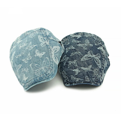 Fashion Washed Denim Beret Vintage Butterfly Cowboy Forward Hat