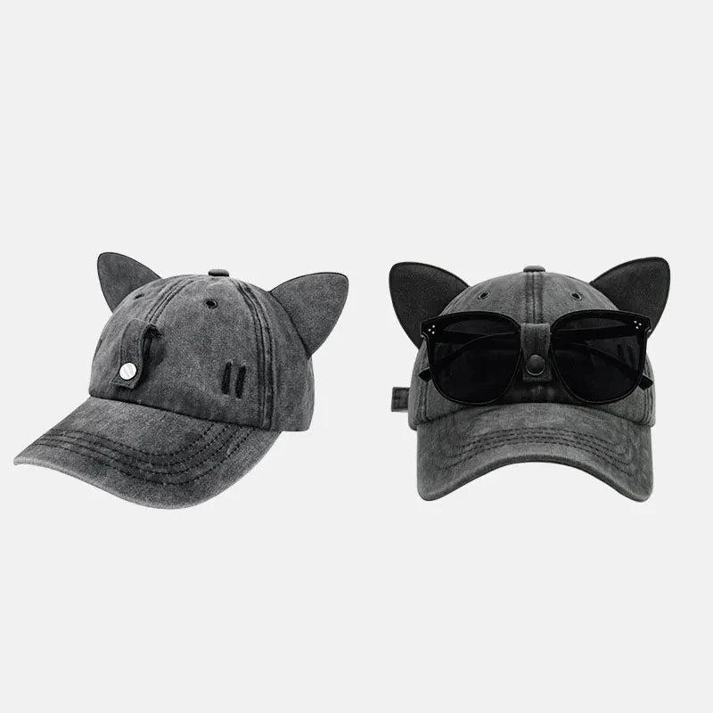 New Cute Cat Ears Pilot Hat With Glasses Baseball Cap