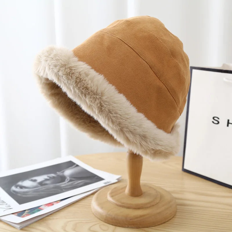Fashion Fluffy Fur Bucket Hat For Women Winter Thick Warm Panama Fisherman Hat