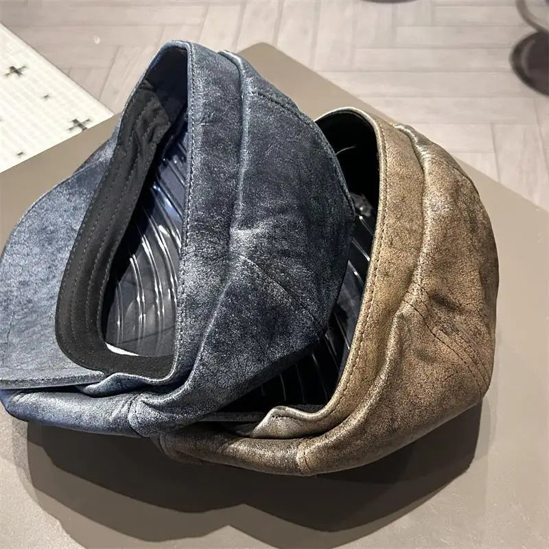 Vintage Distressed Leather Baker Boy Cap