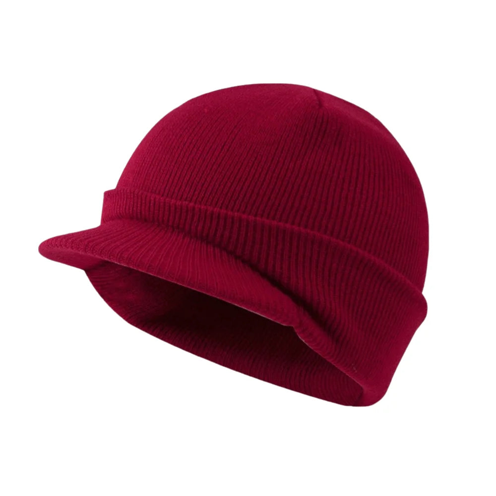 Solid Color Short Brim Beanie Cap Therma Soft Add Plush Lined Hat Outdoor