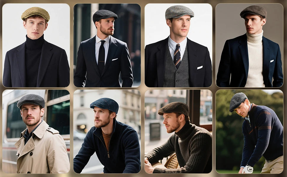 Men's Herringbone Flat Ivy Newsboy Hat Wool Blend Gatsby Cabbie Cap