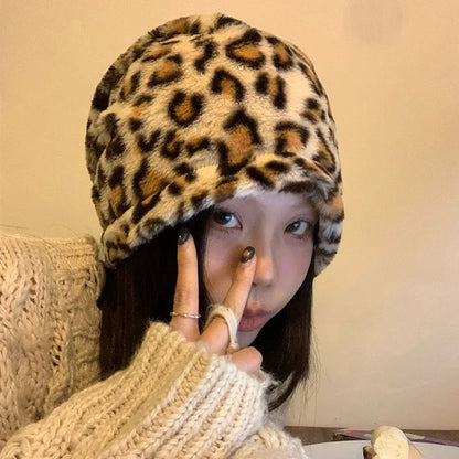 New Trendy Leopard Print Retro Y2K Plush Pullover Hat
