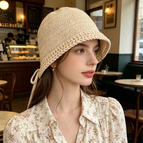Women French Hollow Knit Bucket Hat