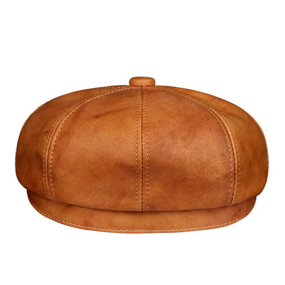 Leather Hat Beret Men Autumn British Retro Cowhide Octagonal Hat