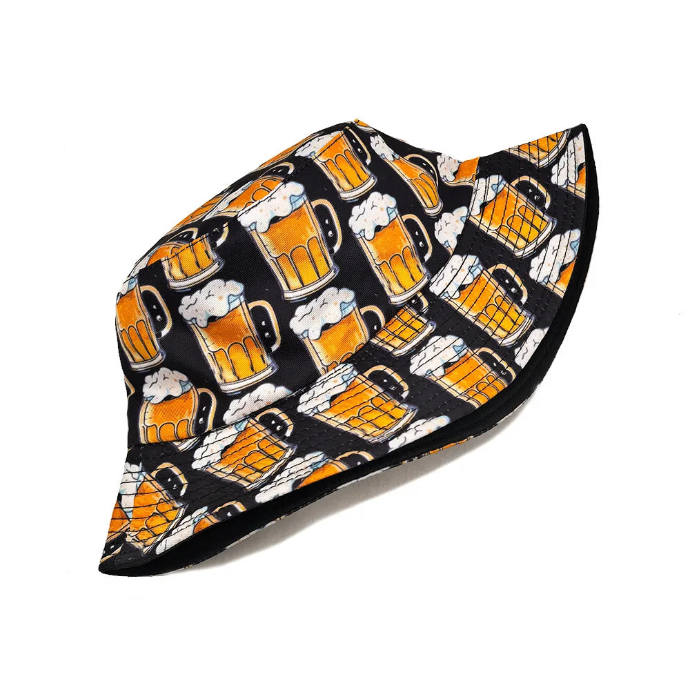 Cartoon Beer Bucket Hat Beer Printing Pattern Fisherman Hats Double Sides Polyester Panama Cap Unisex Outdoor Beach Travel New