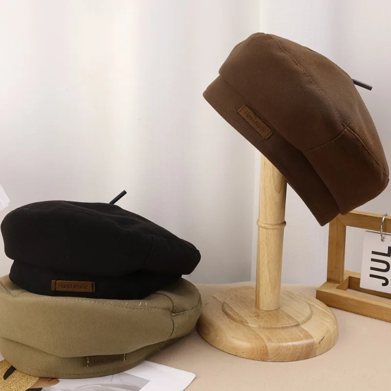 Retro Handmade Beret Spring Autumn Women Black Beige Woolen Beret