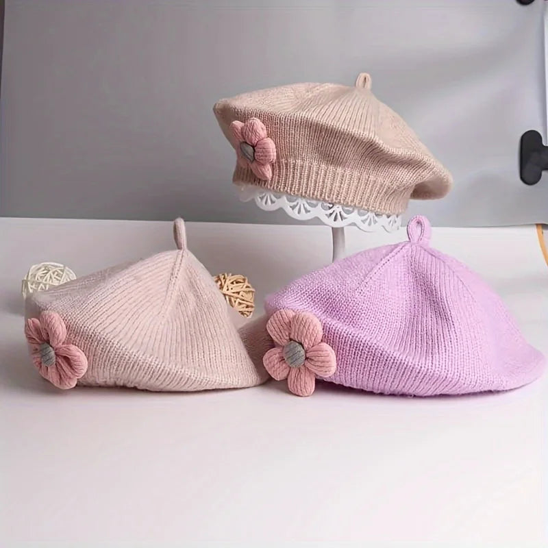 Flower Baby Beret Hat Winter Warm Knitted Beanie Cap