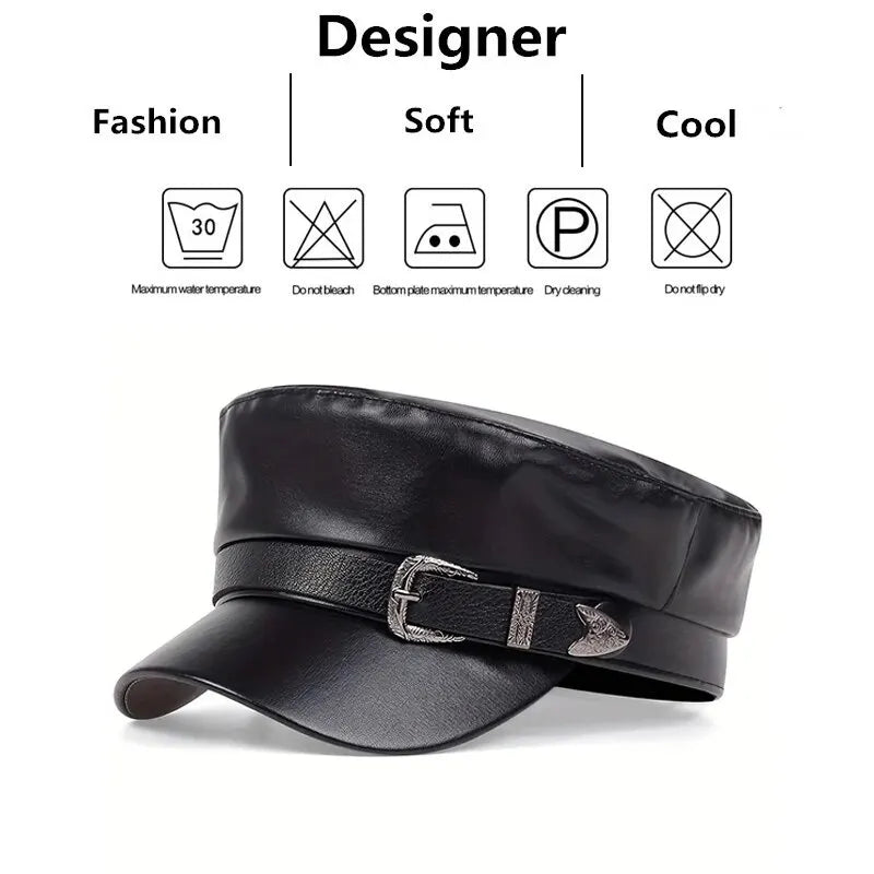 Fashion Women Large Belt Buckle Leather Hat Spring Autumn Sailor Hats Black Ladies Beret Caps