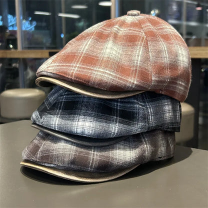 Autumn And Winter Japanese Plaid Warm Forward Hat