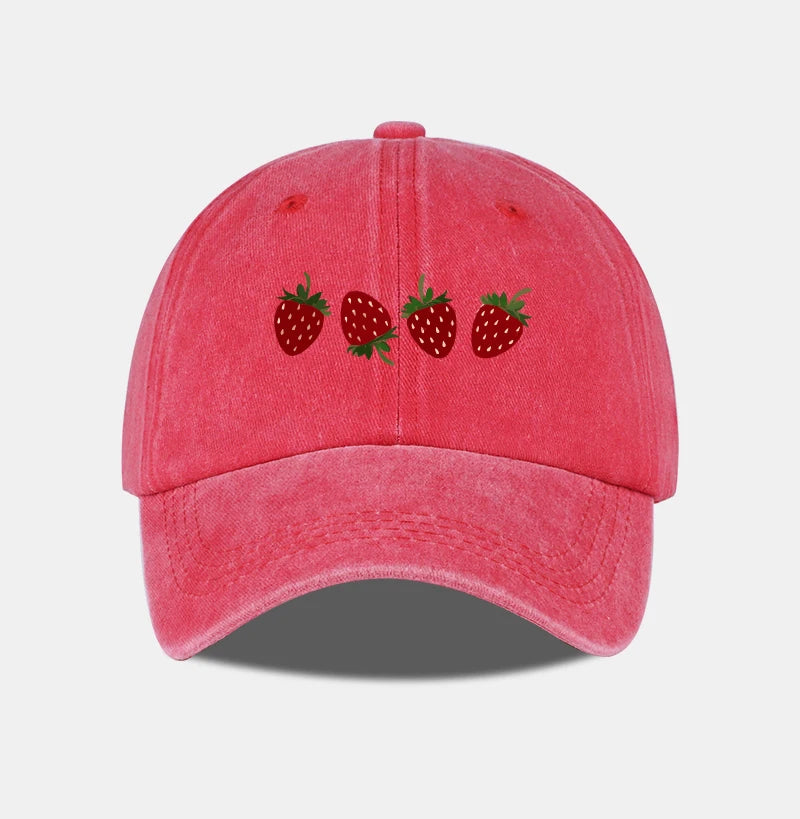 Strawberry Print Washed Baseball Cap Lightweight Breathable Adjustable Unisex Summer Casual Hat Sun Hat