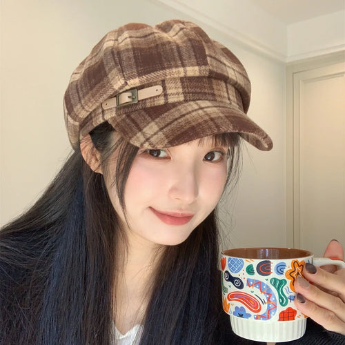 Autumn Octagonal Hats Women Retro Checked Octagonist Painter Hat
