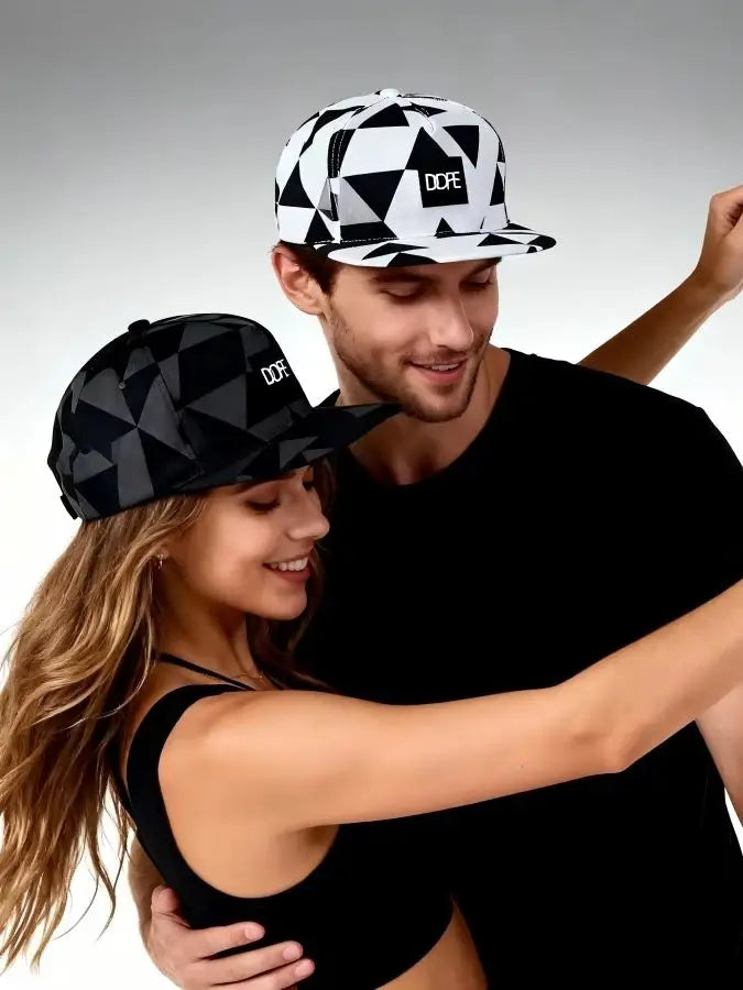 Black White Geometric Triangle Print Snapback Hat Flat Brim Hip Hop Adjustable Streetwear Sun Hat