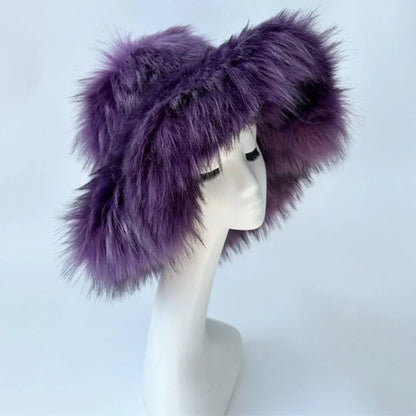 Luxury Fluffy Women Faux Fur Bucket Hats Oversized 17cm Wide Brim