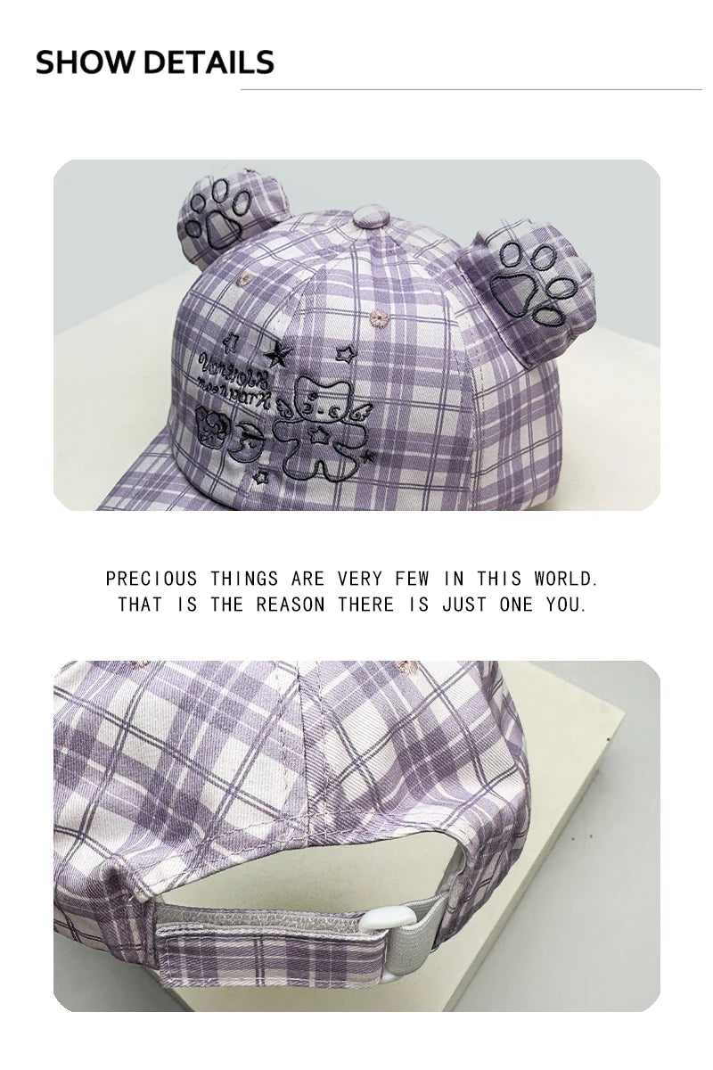 Korean Style Women Cartoon Cat Bear Ears Baseball Cap Plaid Sunshade Wing Versatile Penguin Peaked Cap