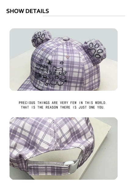 Korean Style Women Cartoon Cat Bear Ears Baseball Cap Plaid Sunshade Wing Versatile Penguin Peaked Cap