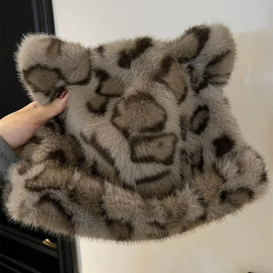 New Leopard Print Fur Hat Women Cute Teddy Bear Beanie Hat
