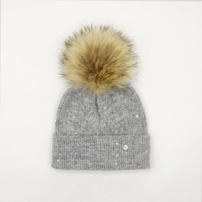 Winter Real Fox Fur Pompom Hats Sequin Skullies Beanie For Women Wool Knitted Hats