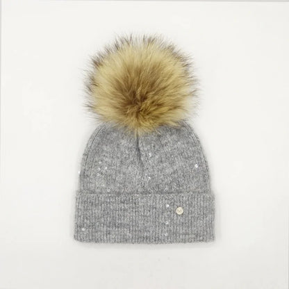 Winter Real Fox Fur Pompom Hats Sequin Skullies Beanie For Women Wool Knitted Hats